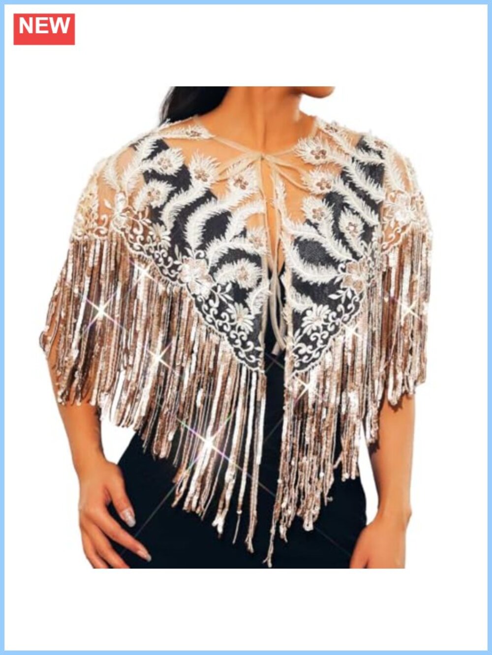 Sequin Lace Shawl Wrap with Fringe for Evening Dresses